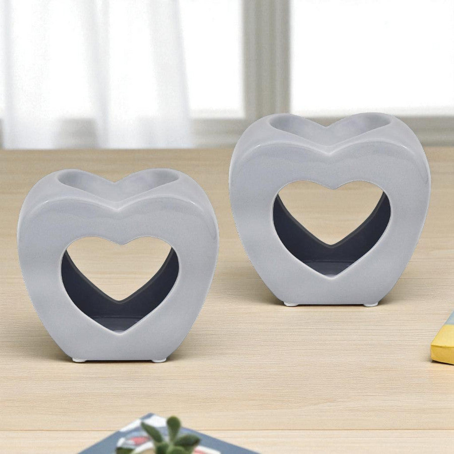 Set Of 2 Grey Heart Shape Tea Light Wax Melt Warmer Oil Burner