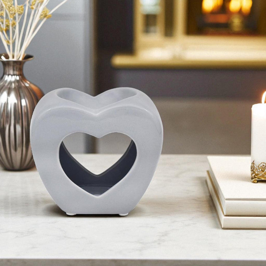 Set Of 2 Grey Heart Shape Tea Light Wax Melt Warmer Oil Burner
