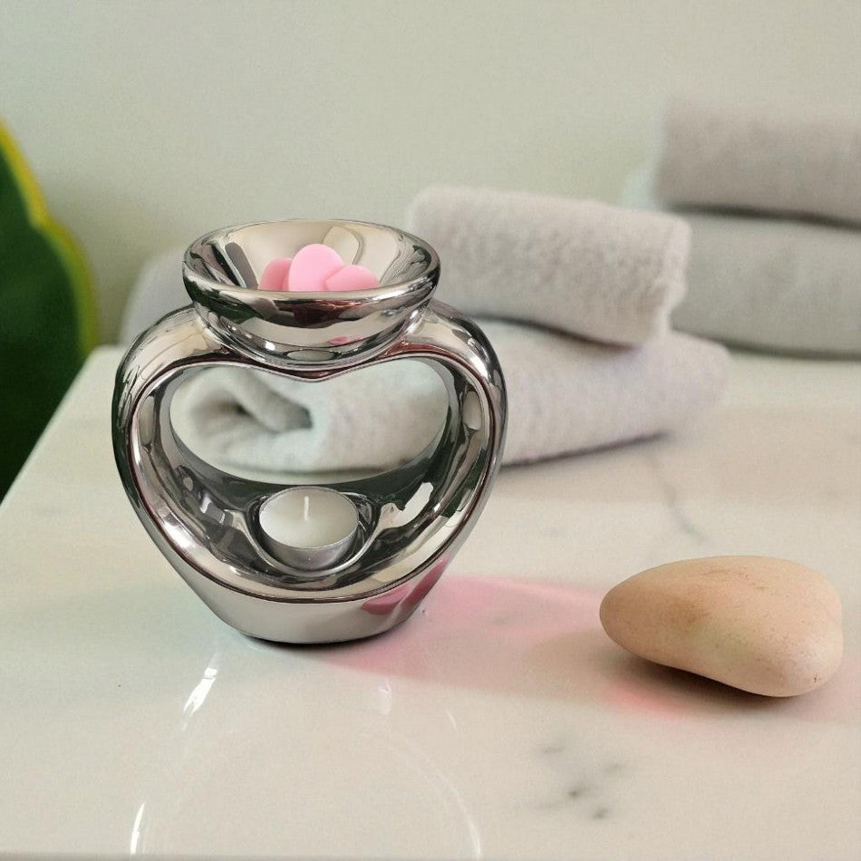 Silver Heart Wax Melt Warmer Oil Tea Light Aroma - 2 PACK