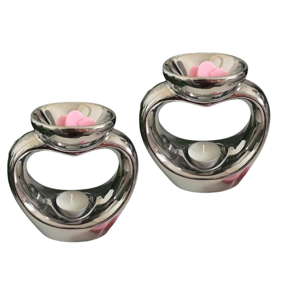Silver Heart Wax Melt Warmer Oil Tea Light Aroma - 2 PACK