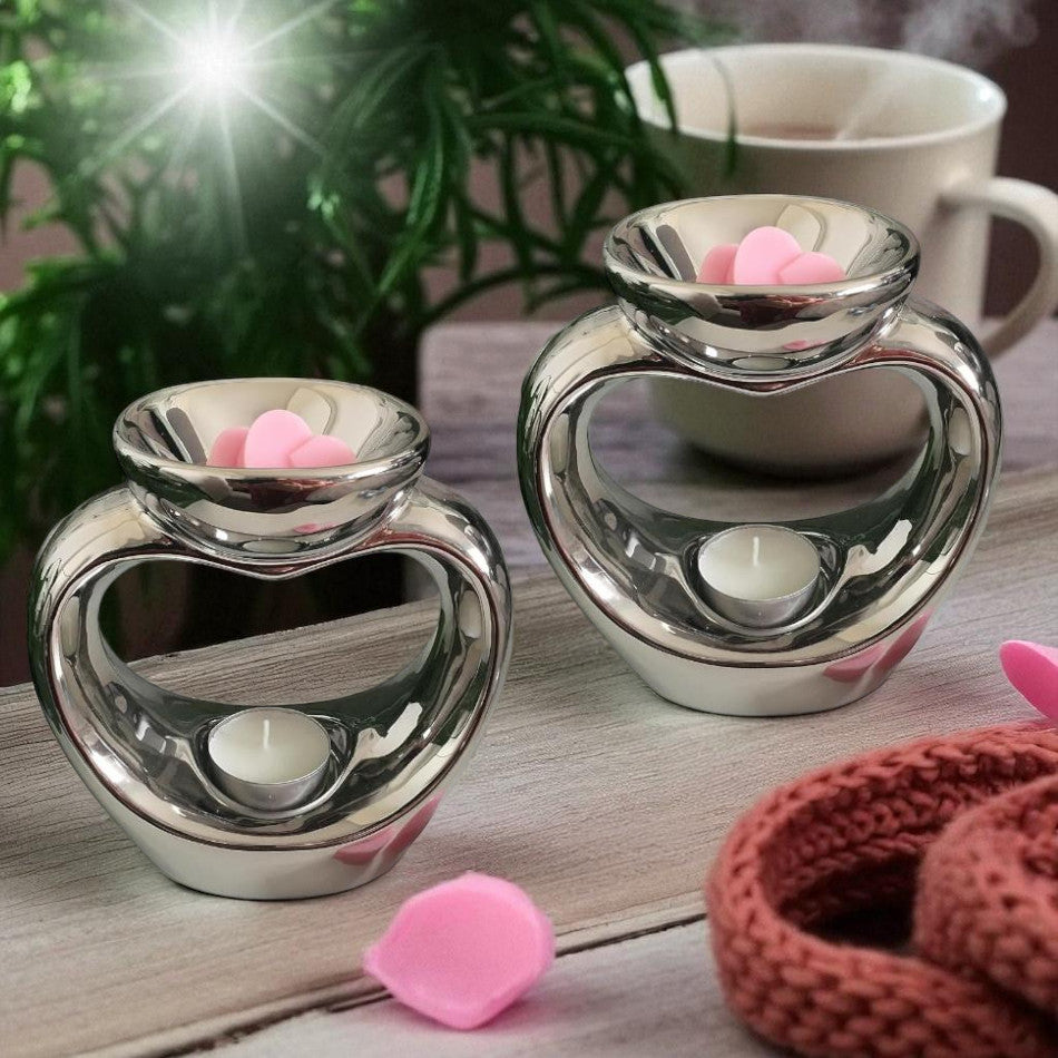 Silver Heart Wax Melt Warmer Oil Tea Light Aroma - 2 PACK
