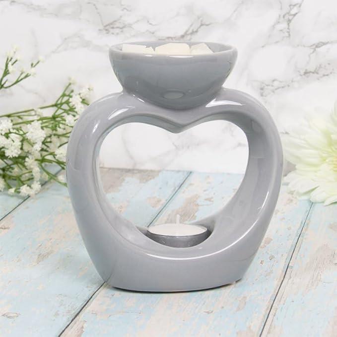 Set Of 2 Grey Heart Oval Tea Light Wax Melt Warmer Oil Burner