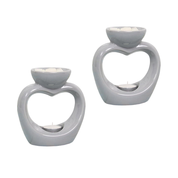 Set Of 2 Grey Heart Oval Tea Light Wax Melt Warmer Oil Burner
