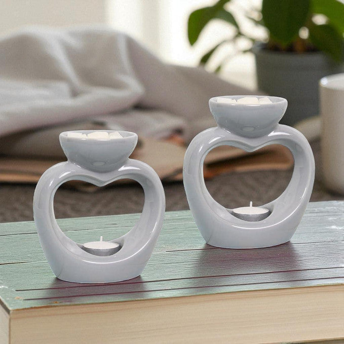 Set Of 2 Grey Heart Oval Tea Light Wax Melt Warmer Oil Burner