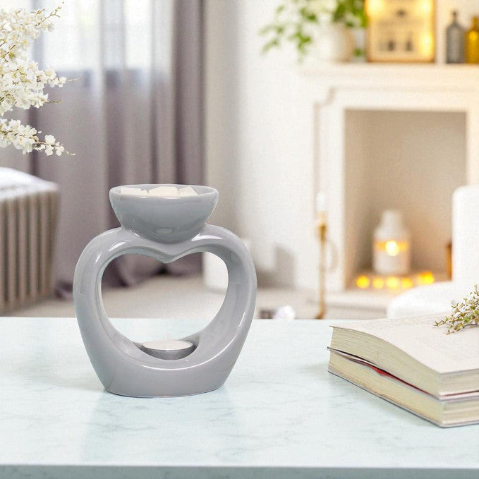 Set Of 2 Grey Heart Oval Tea Light Wax Melt Warmer Oil Burner