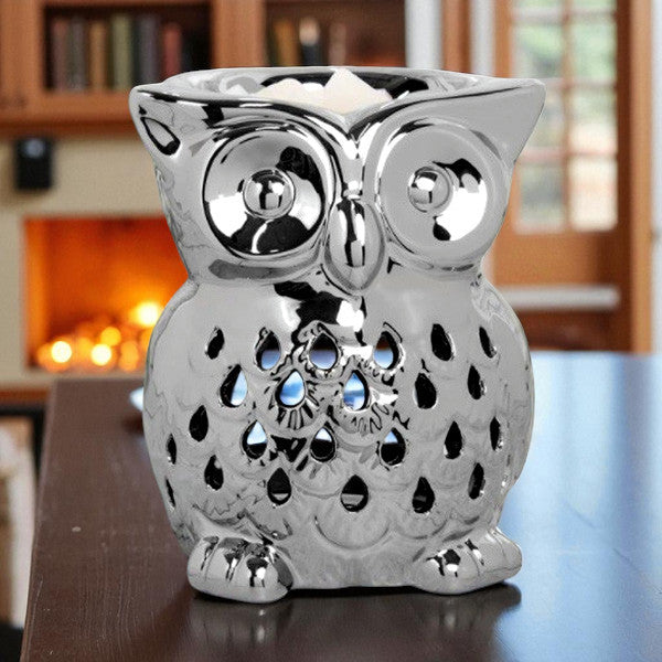 Silver Owl Tea Light Scented Wax Melt Warmer & Essential Oil Burner | Tealight Candle Holder