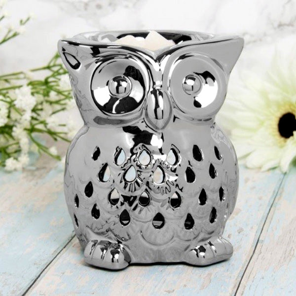 Silver Owl Tea Light Scented Wax Melt Warmer & Essential Oil Burner | Tealight Candle Holder