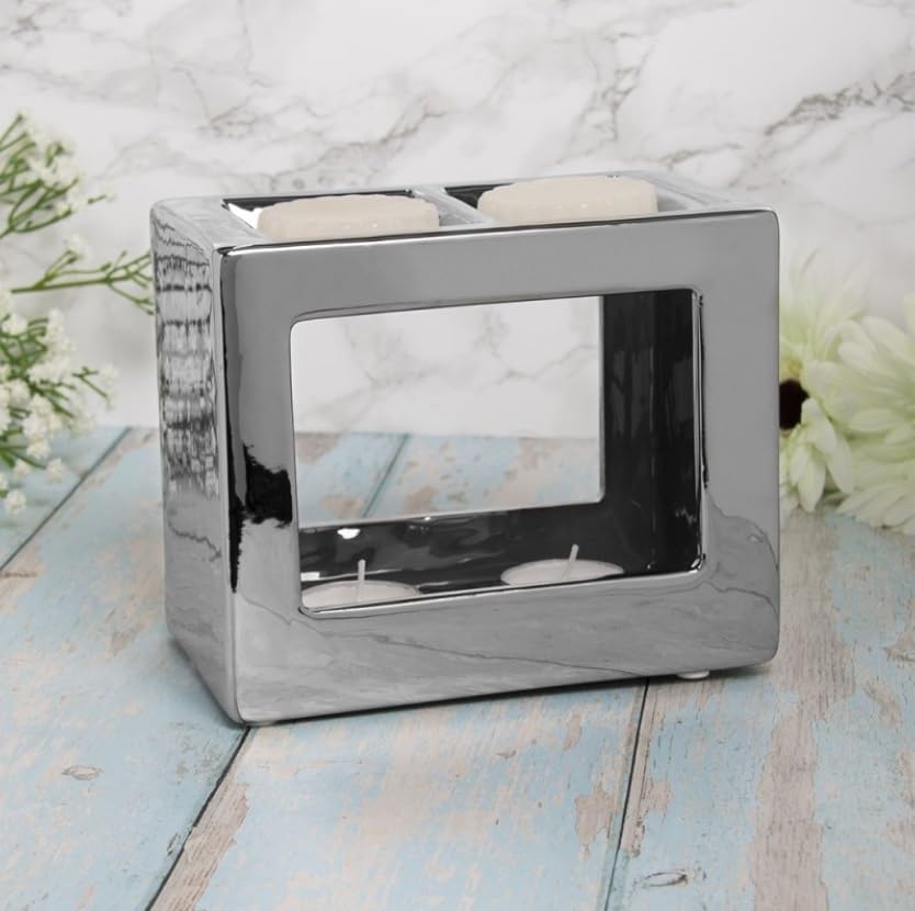 Tea Light Wax Melt Warmer Oil Burner Silver Cube Twin Light