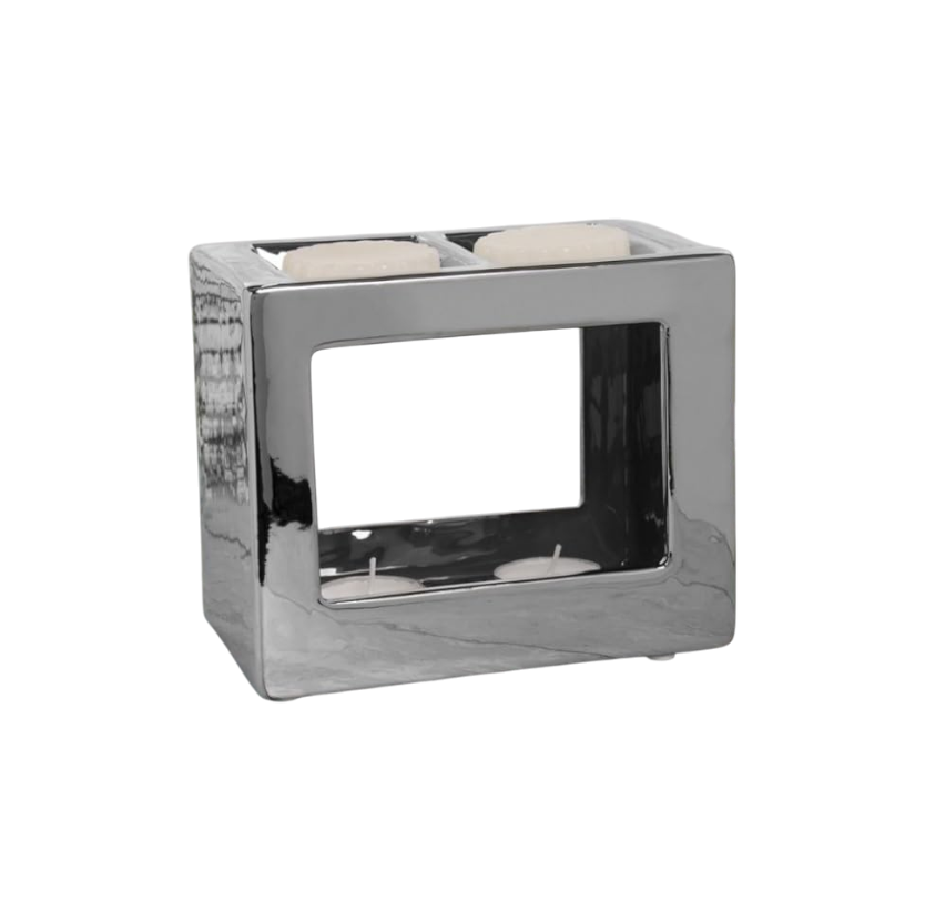 Tea Light Wax Melt Warmer Oil Burner Silver Cube Twin Light