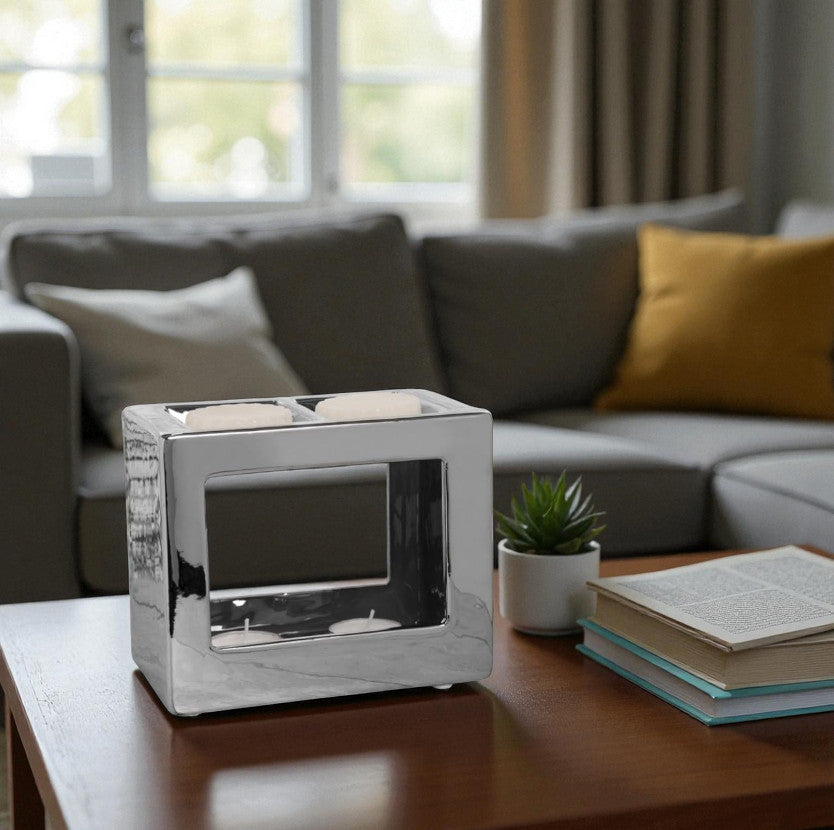 Tea Light Wax Melt Warmer Oil Burner Silver Cube Twin Light