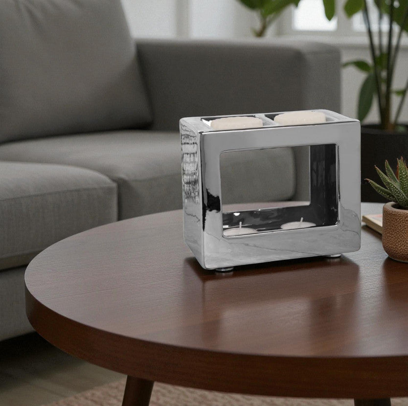 Tea Light Wax Melt Warmer Oil Burner Silver Cube Twin Light