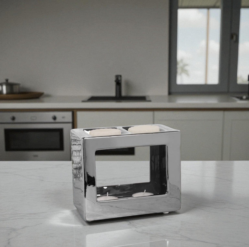 Tea Light Wax Melt Warmer Oil Burner Silver Cube Twin Light