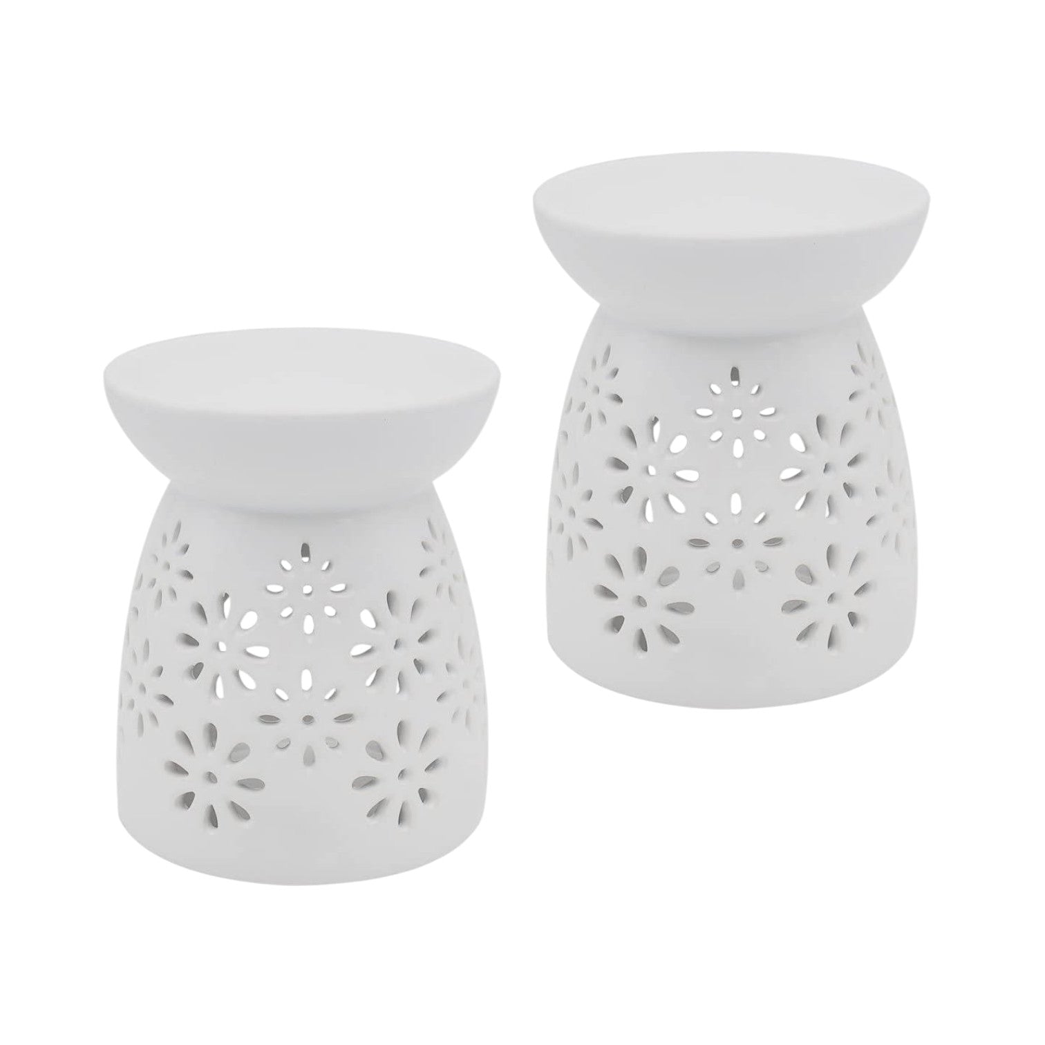 Set Of 2 White Flowers Tea Light Wax Melt Warmer Oil Burner