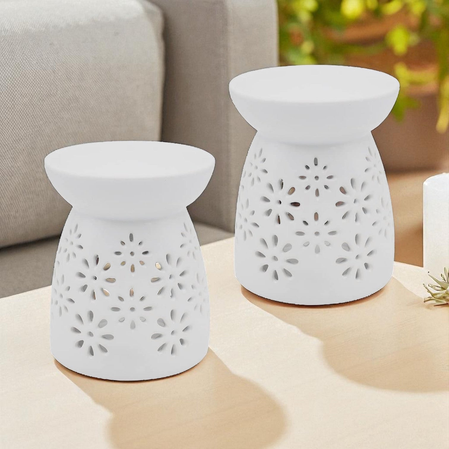 Set Of 2 White Flowers Tea Light Wax Melt Warmer Oil Burner