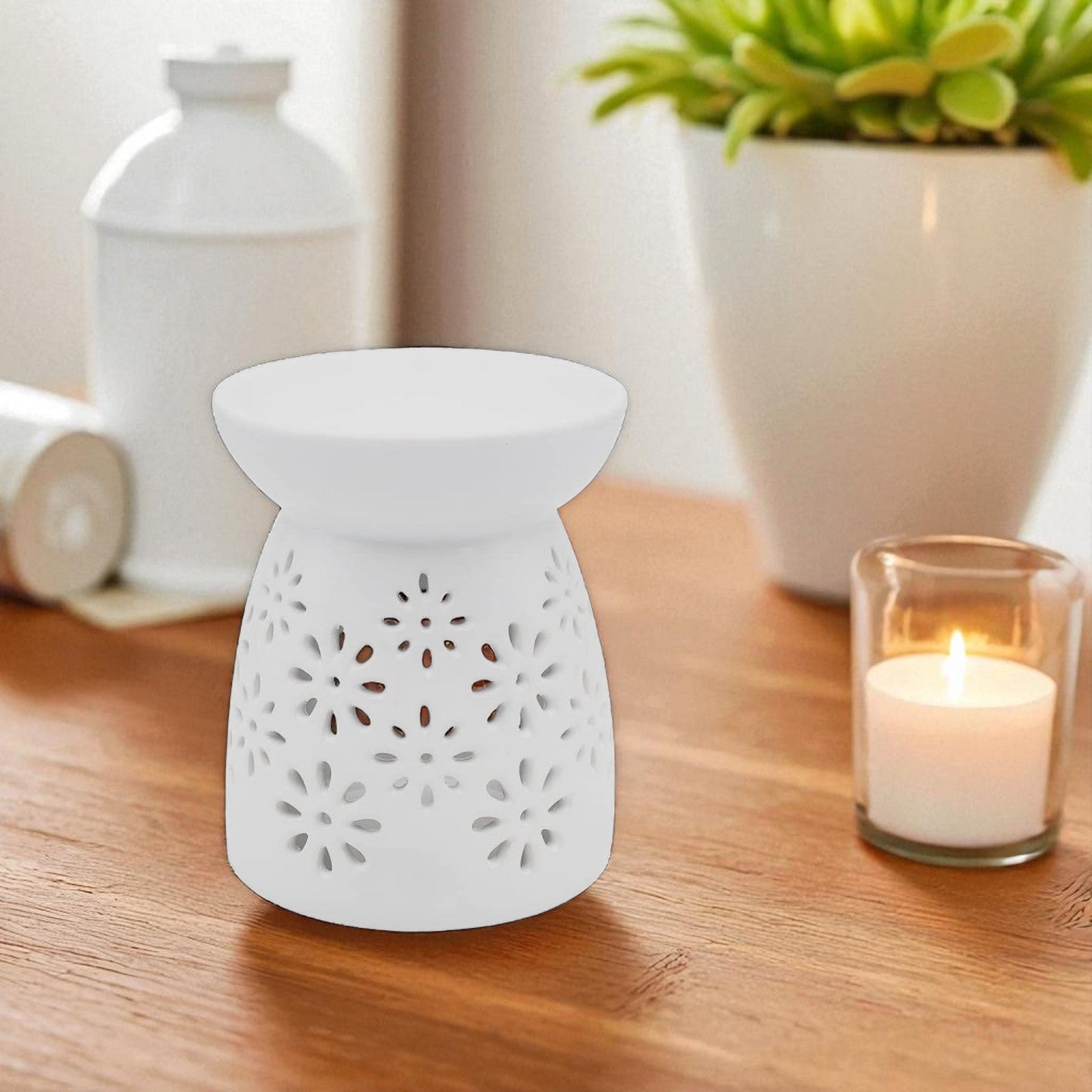 Set Of 2 White Flowers Tea Light Wax Melt Warmer Oil Burner