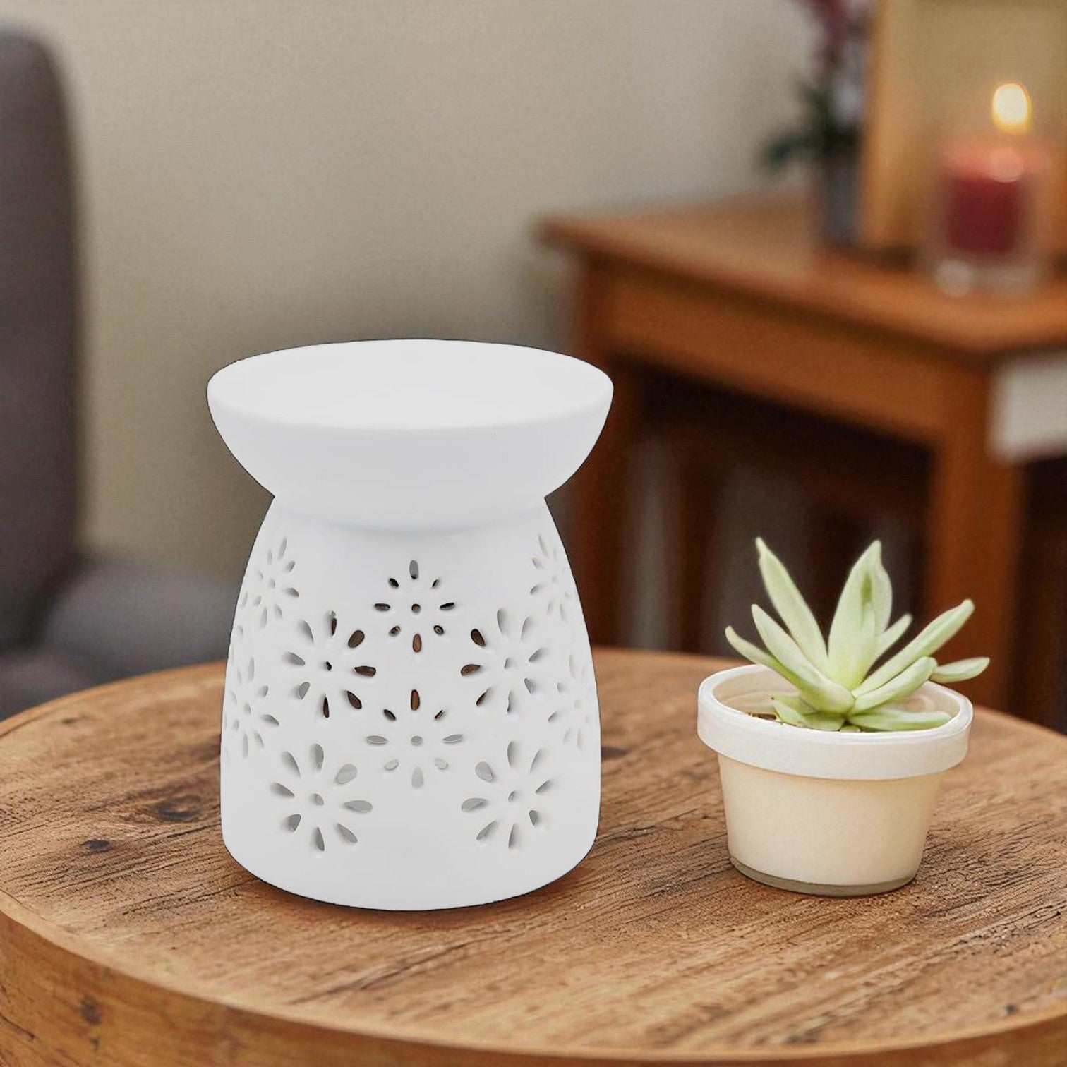 Set Of 2 White Flowers Tea Light Wax Melt Warmer Oil Burner