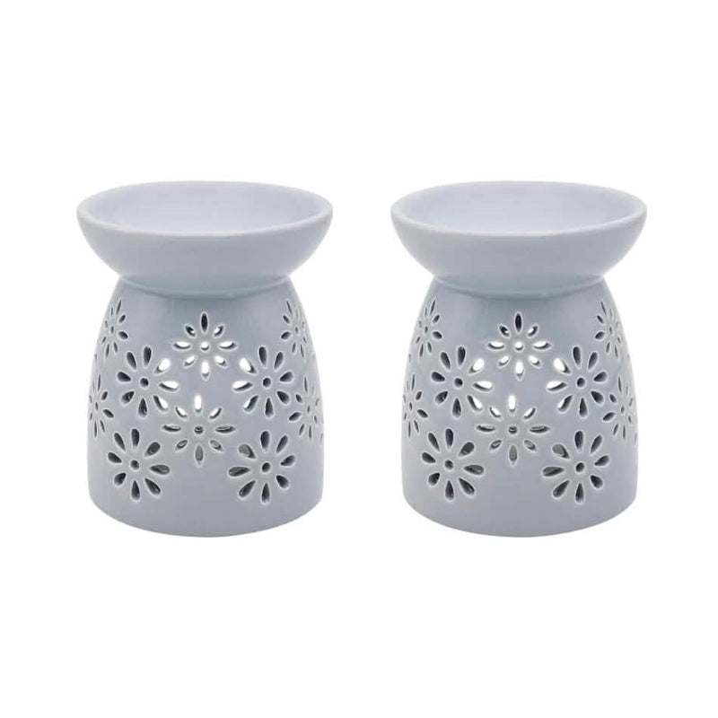 Grey Flowers Tea Light Wax Melt Warmer Oil Burner - Set Of 2