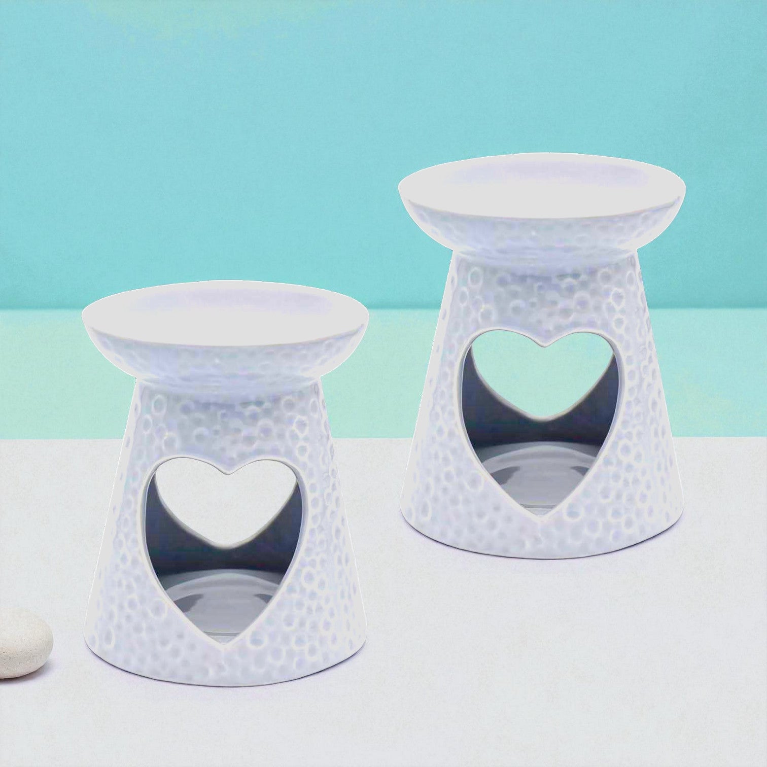 Set of 2 White Heart Tea Light Wax Melt Warmer Oil Burner