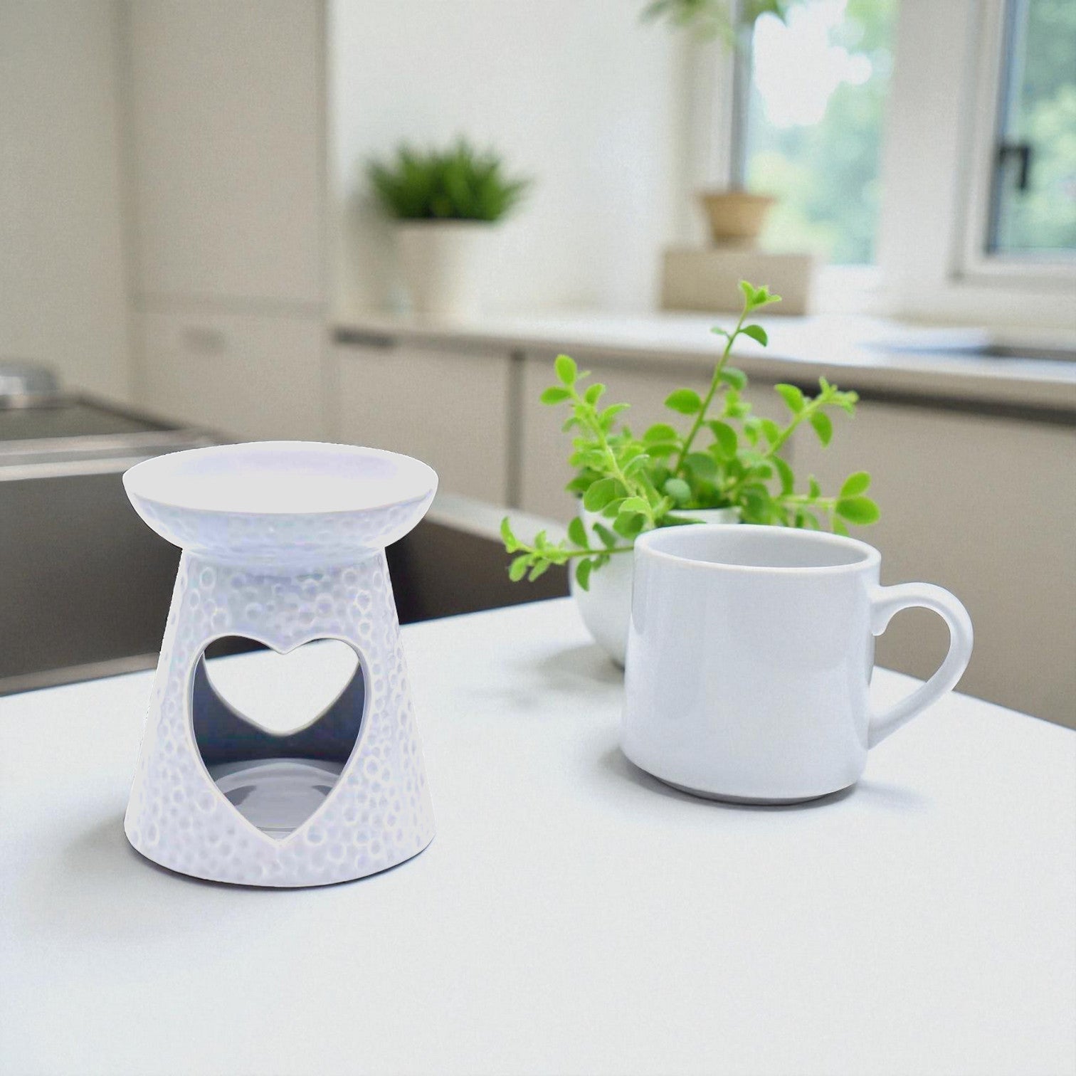 Set of 2 White Heart Tea Light Wax Melt Warmer Oil Burner