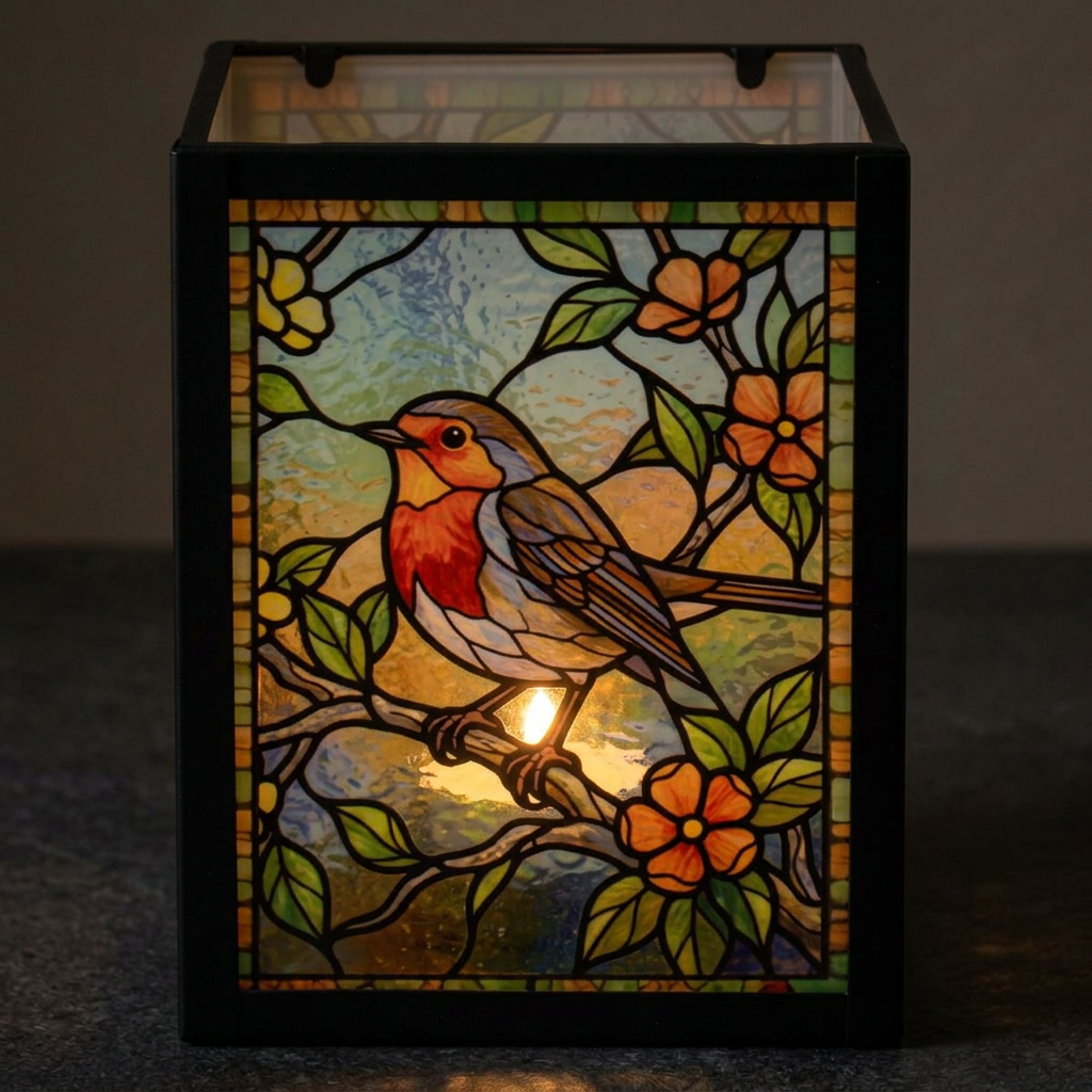 Stained Glass Tea Light Holder Robin