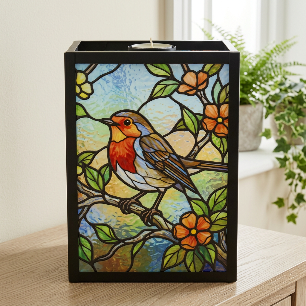 Stained Glass Tea Light Holder Robin