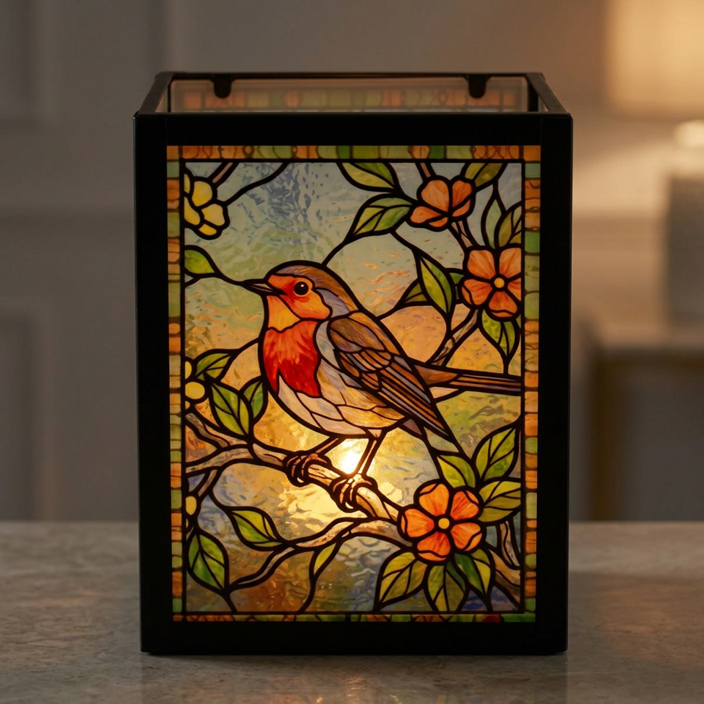 Stained Glass Tea Light Holder Robin