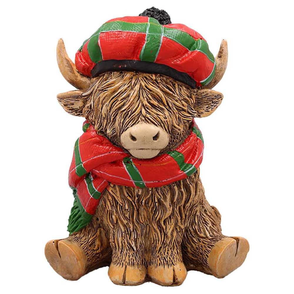 Happy Highland Cow with Tartan Hat & Scarf Figurine Ornament | Scottish "Heilin' Coo" Gift Idea