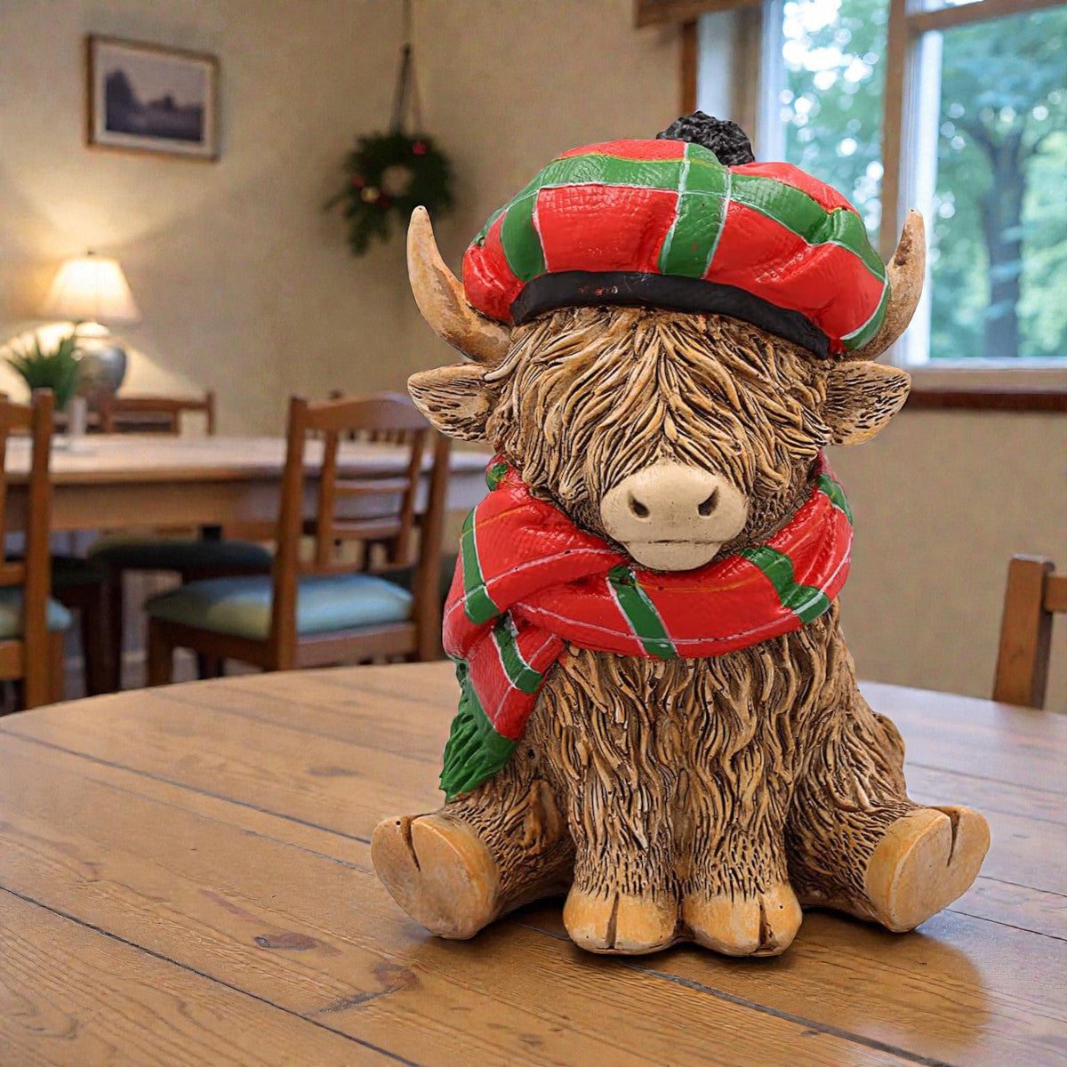 Happy Highland Cow with Tartan Hat & Scarf Figurine Ornament | Scottish "Heilin' Coo" Gift Idea