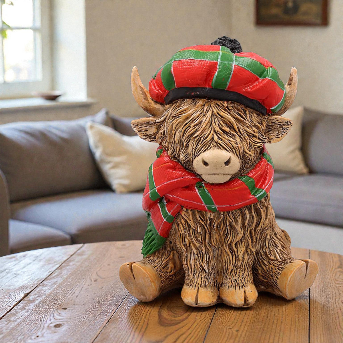 Happy Highland Cow with Tartan Hat & Scarf Figurine Ornament | Scottish "Heilin' Coo" Gift Idea