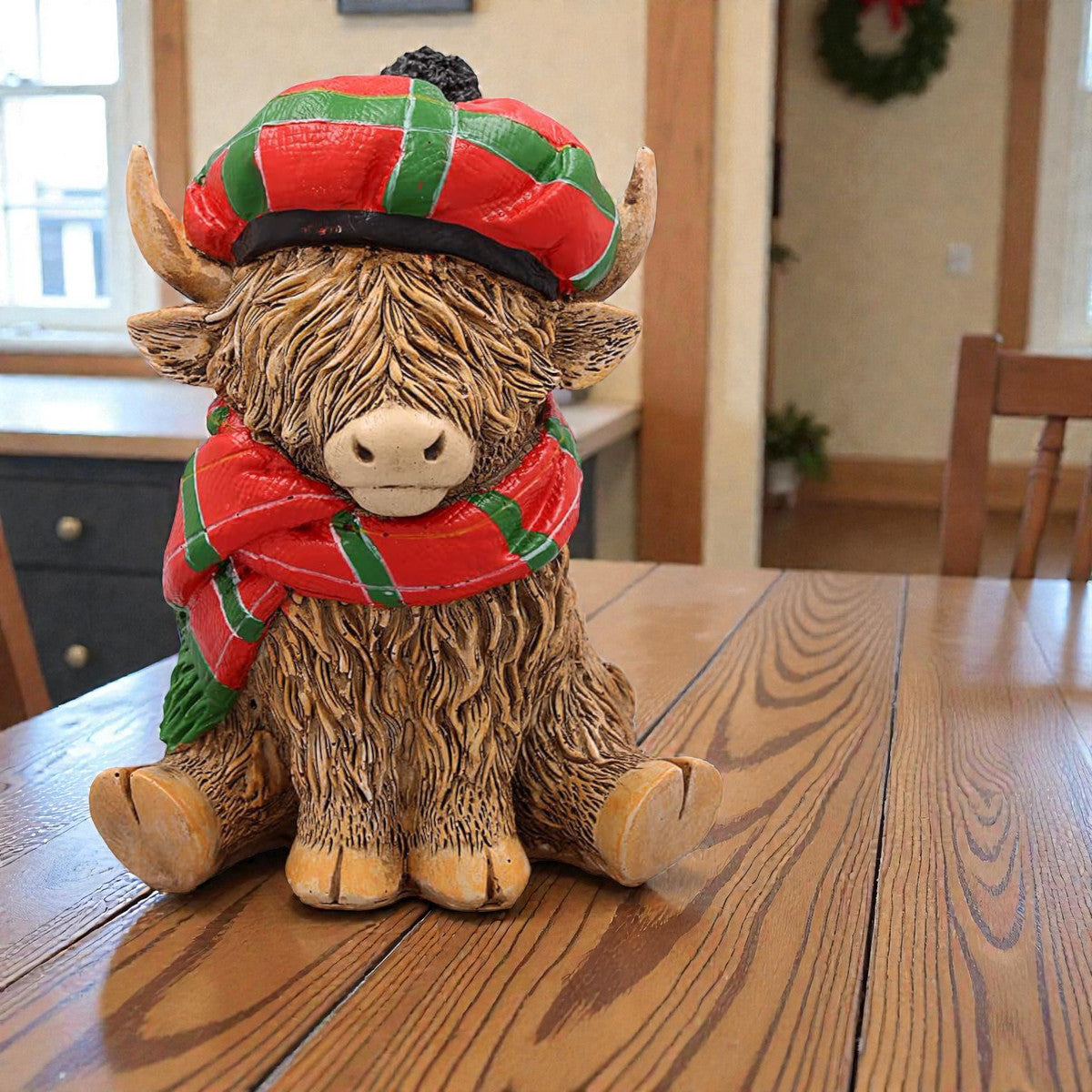 Happy Highland Cow with Tartan Hat & Scarf Figurine Ornament | Scottish "Heilin' Coo" Gift Idea
