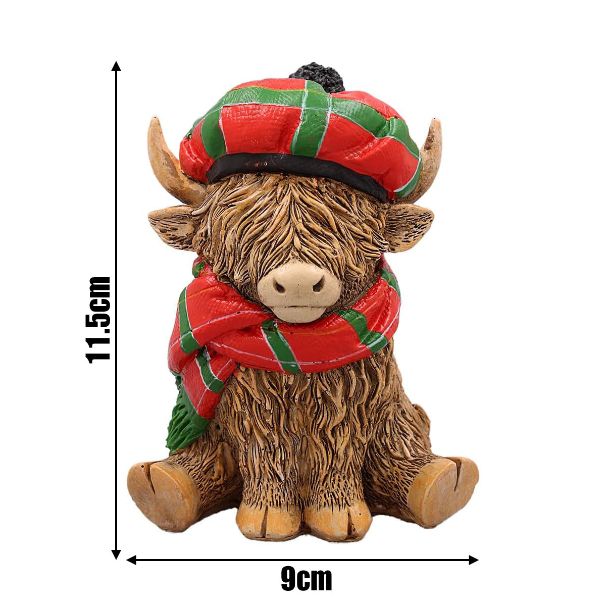 Happy Highland Cow with Tartan Hat & Scarf Figurine Ornament | Scottish "Heilin' Coo" Gift Idea