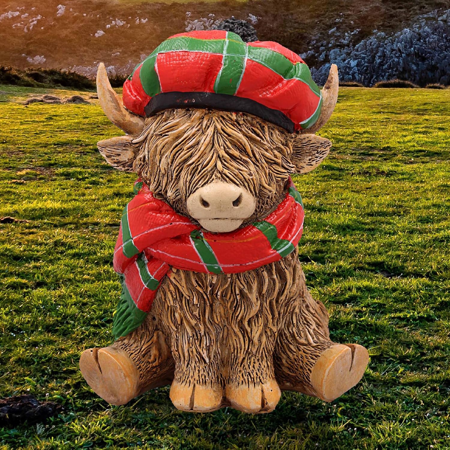 Happy Highland Cow with Tartan Hat & Scarf Figurine Ornament | Scottish "Heilin' Coo" Gift Idea