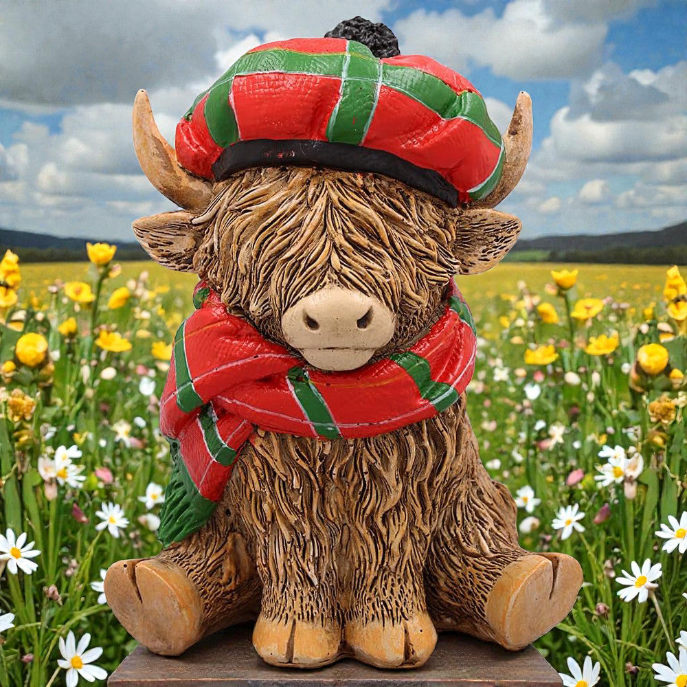 Happy Highland Cow with Tartan Hat & Scarf Figurine Ornament | Scottish "Heilin' Coo" Gift Idea