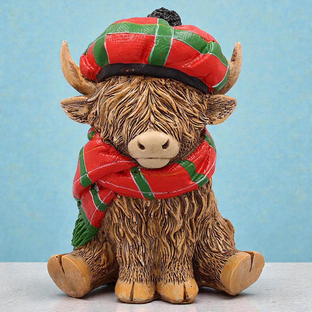 Happy Highland Cow with Tartan Hat & Scarf Figurine Ornament | Scottish "Heilin' Coo" Gift Idea