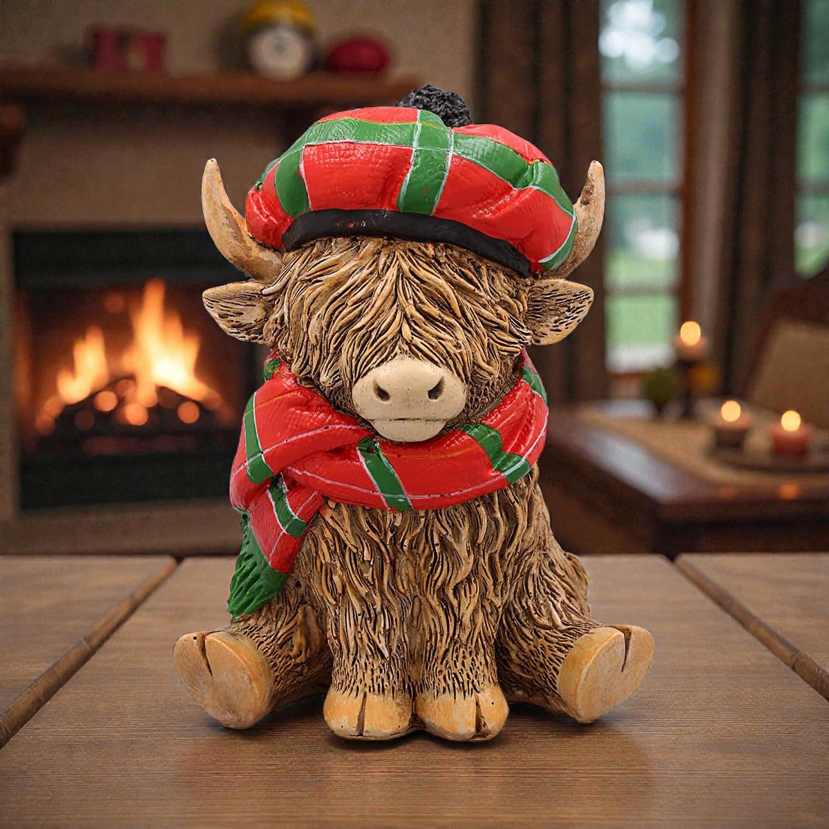 Happy Highland Cow with Tartan Hat & Scarf Figurine Ornament | Scottish "Heilin' Coo" Gift Idea