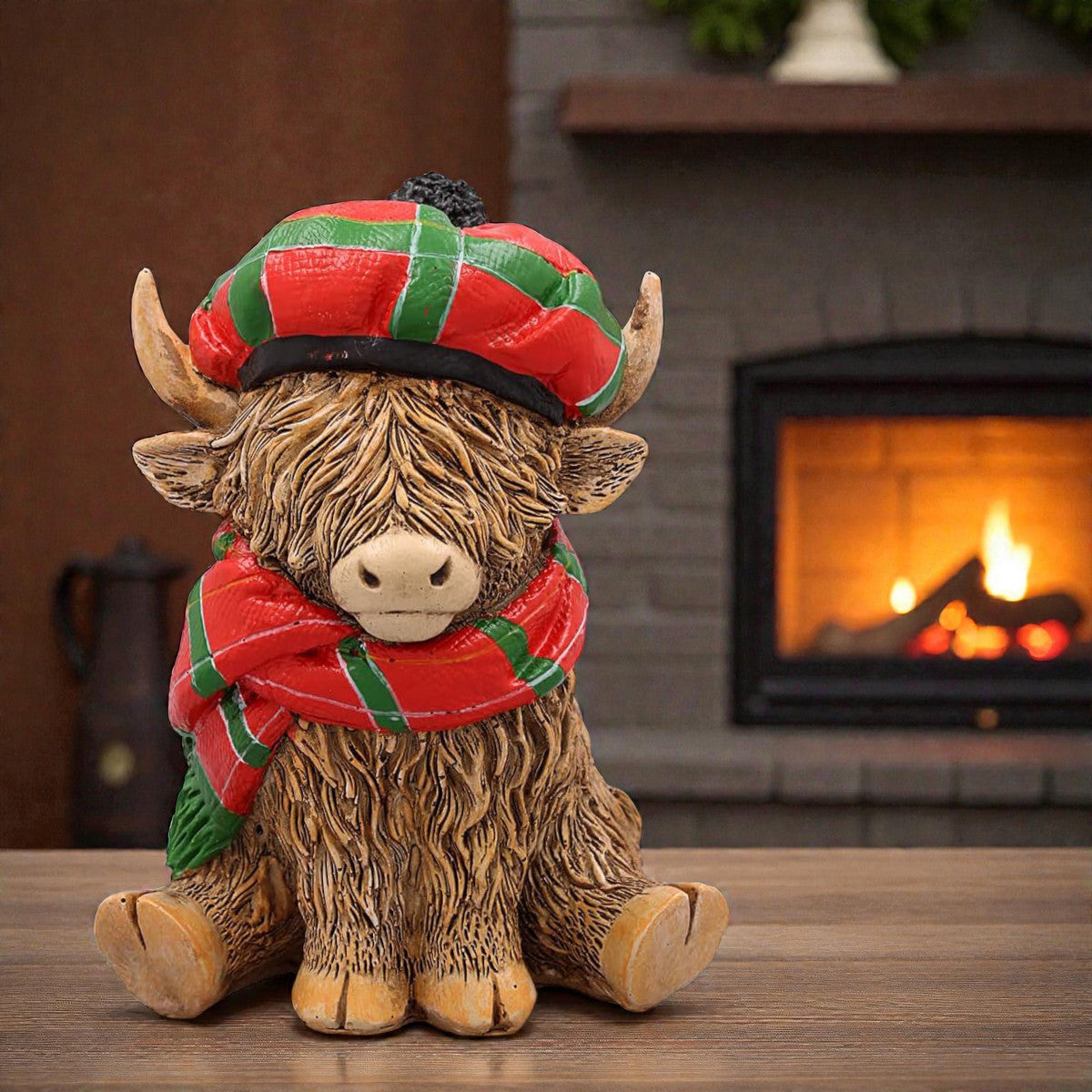 Happy Highland Cow with Tartan Hat & Scarf Figurine Ornament | Scottish "Heilin' Coo" Gift Idea