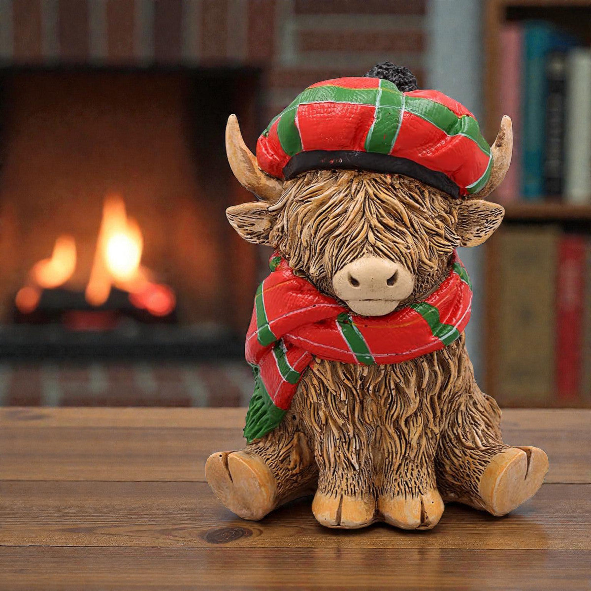 Happy Highland Cow with Tartan Hat & Scarf Figurine Ornament | Scottish "Heilin' Coo" Gift Idea