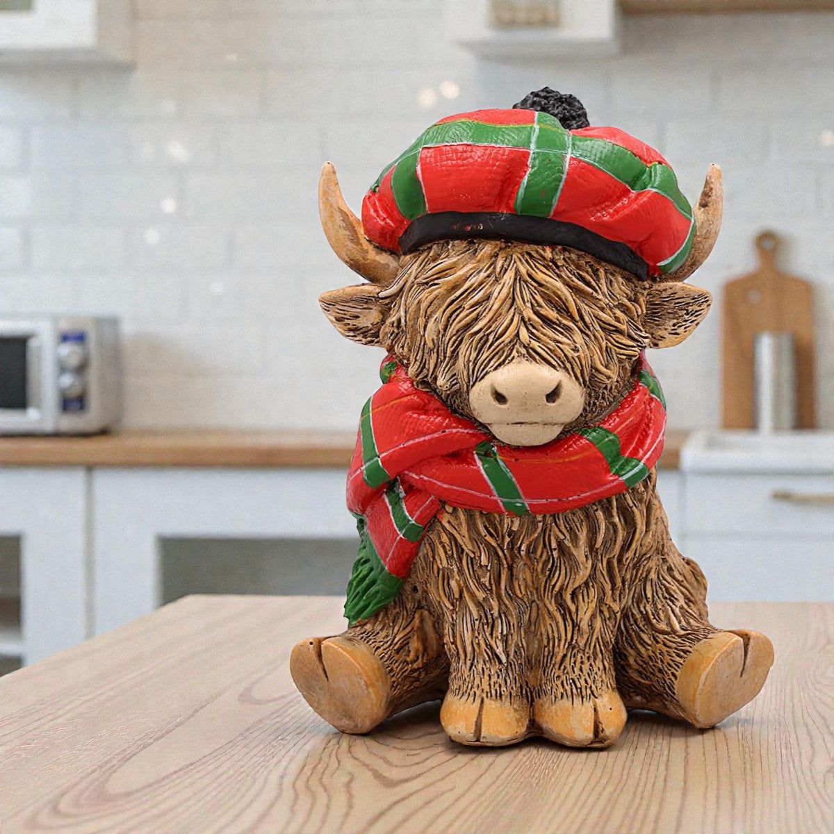 Happy Highland Cow with Tartan Hat & Scarf Figurine Ornament | Scottish "Heilin' Coo" Gift Idea