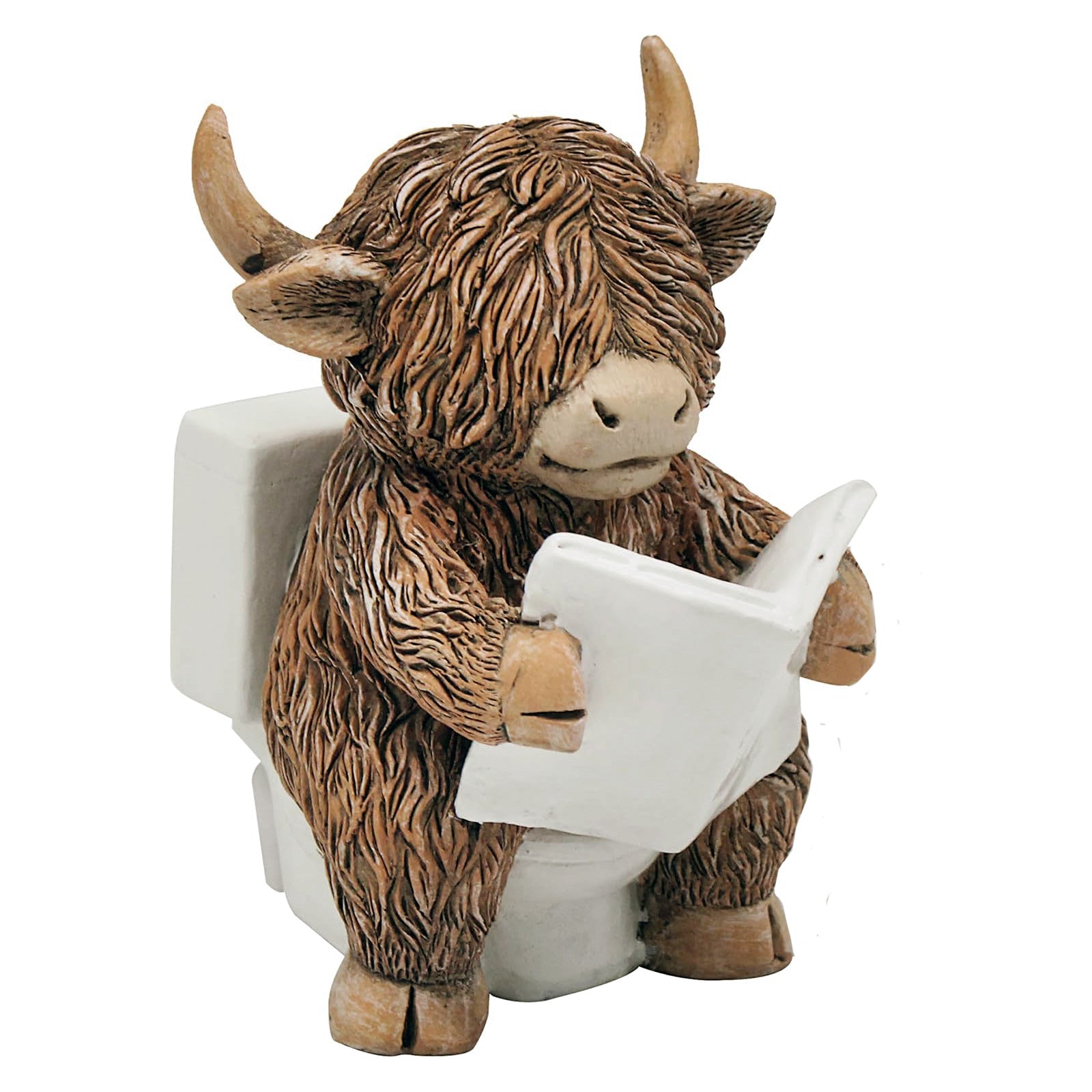Happy Highland Cow Reading a Newspaper on the Loo Figurine | Bathroom or Toilet Ornament