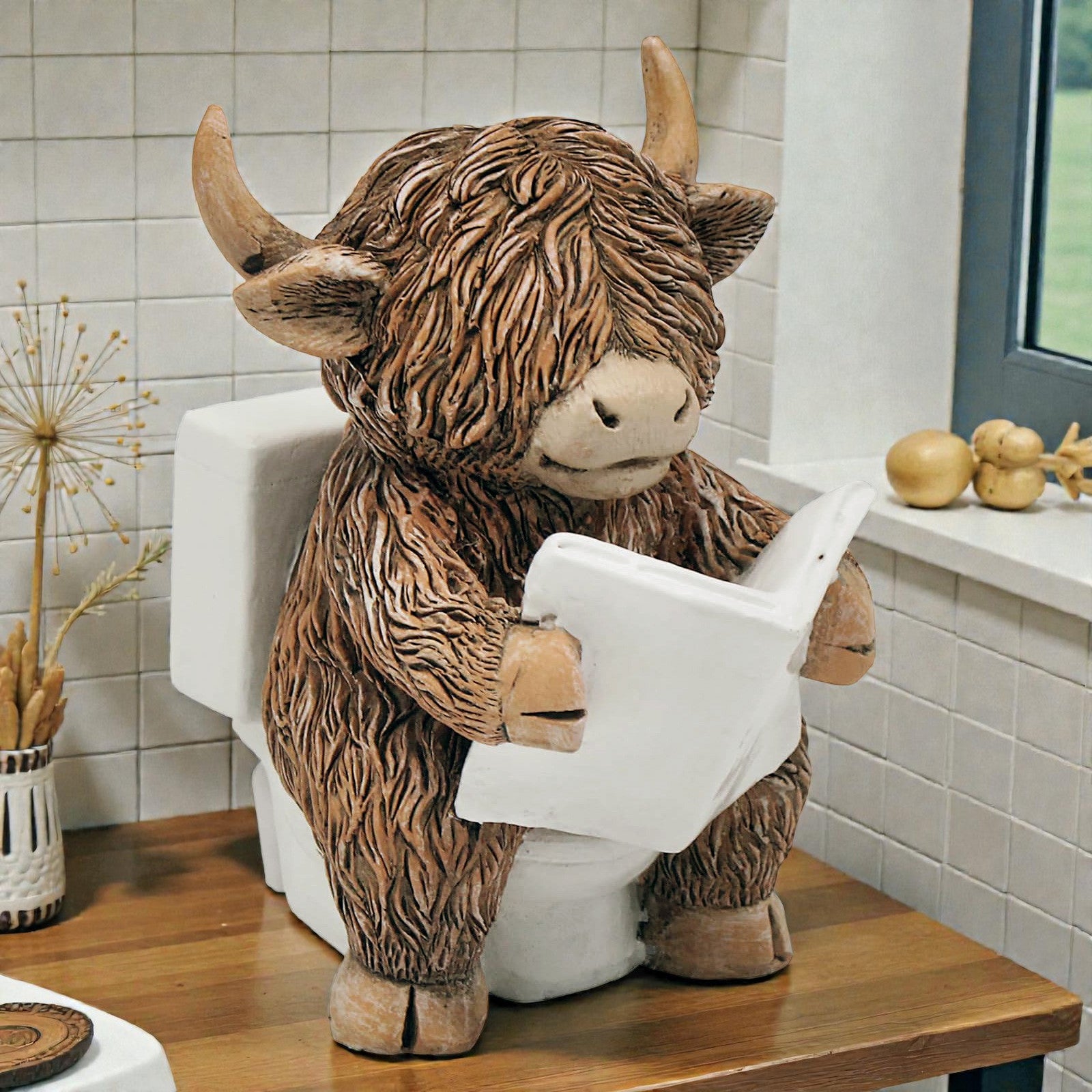 Happy Highland Cow Reading a Newspaper on the Loo Figurine | Bathroom or Toilet Ornament