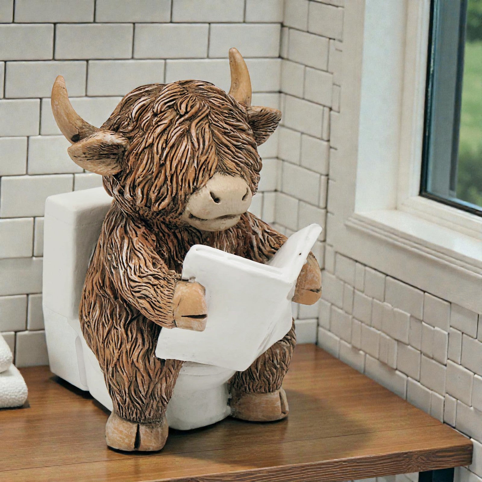 Happy Highland Cow Reading a Newspaper on the Loo Figurine | Bathroom or Toilet Ornament
