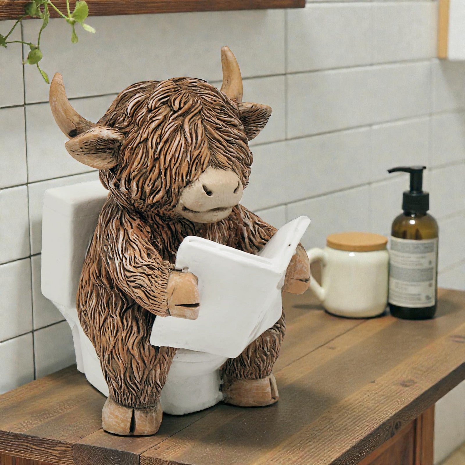Happy Highland Cow Reading a Newspaper on the Loo Figurine | Bathroom or Toilet Ornament