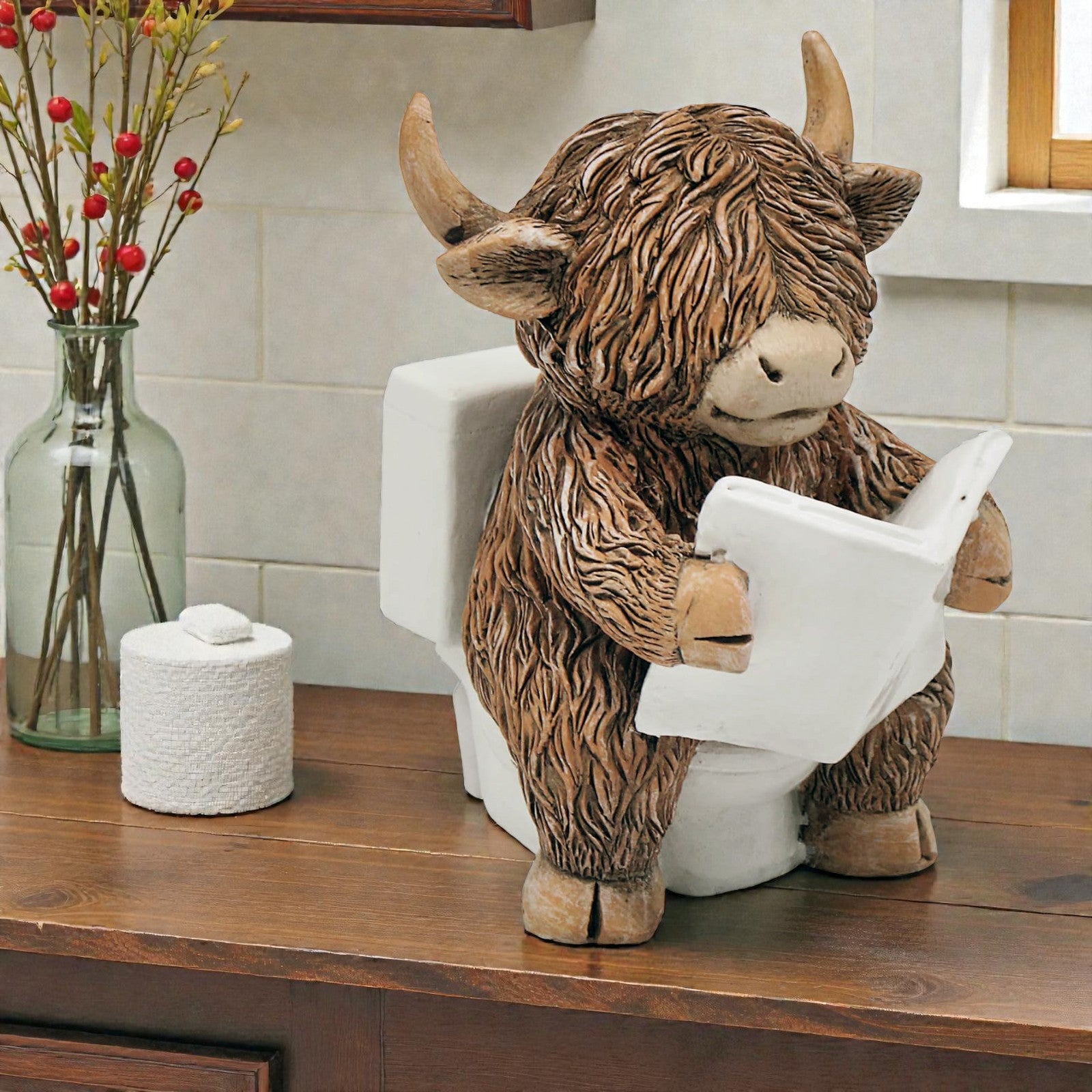 Happy Highland Cow Reading a Newspaper on the Loo Figurine | Bathroom or Toilet Ornament