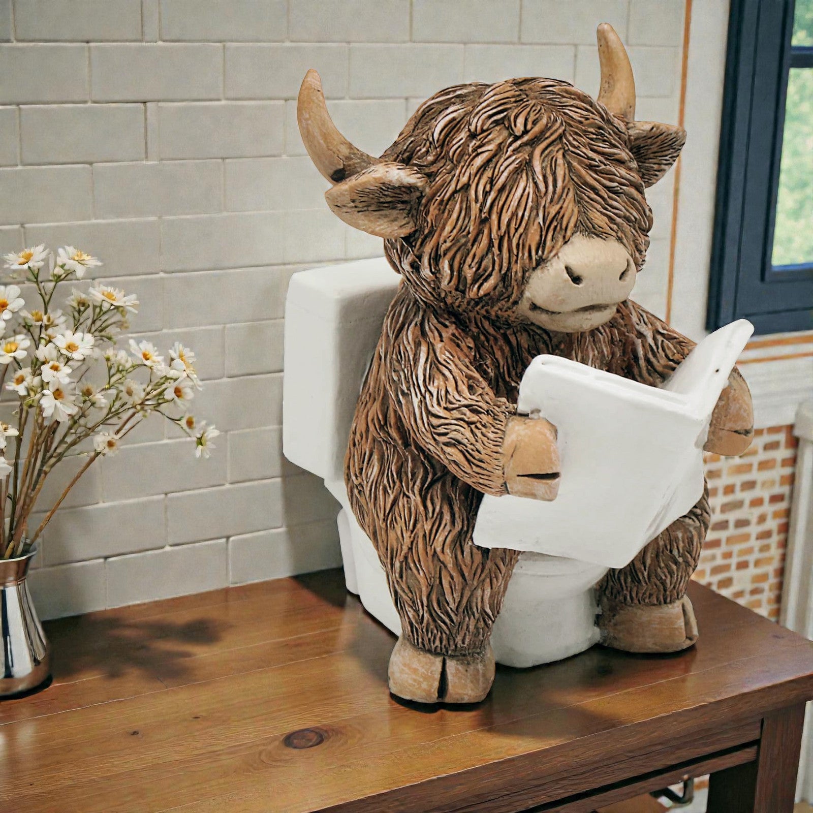 Happy Highland Cow Reading a Newspaper on the Loo Figurine | Bathroom or Toilet Ornament
