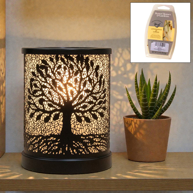 Tree of Life Oil Burner and Scented Wax Warmer plus Lemongrass Wax Melts | Aroma Fragrance Diffuser Lamp