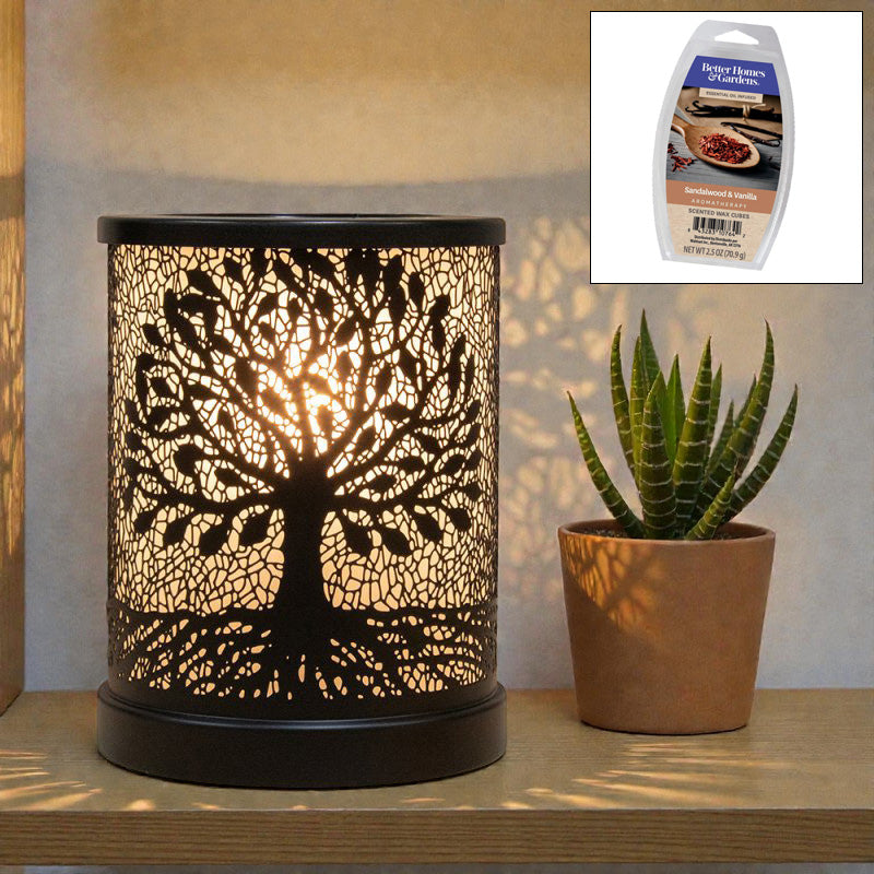 Tree of Life Oil Burner and Scented Wax Warmer plus Sandalwood Wax Melts | Aroma Fragrance Diffuser Lamp