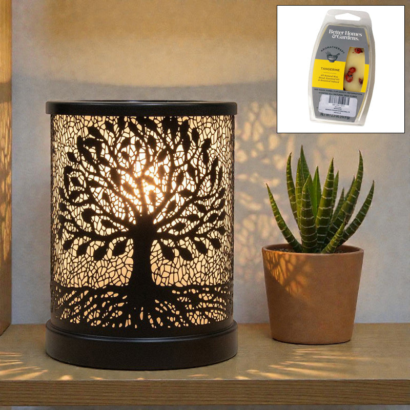 Tree of Life Oil Burner and Scented Wax Warmer plus Tangerine Wax Melts | Aroma Fragrance Diffuser Lamp