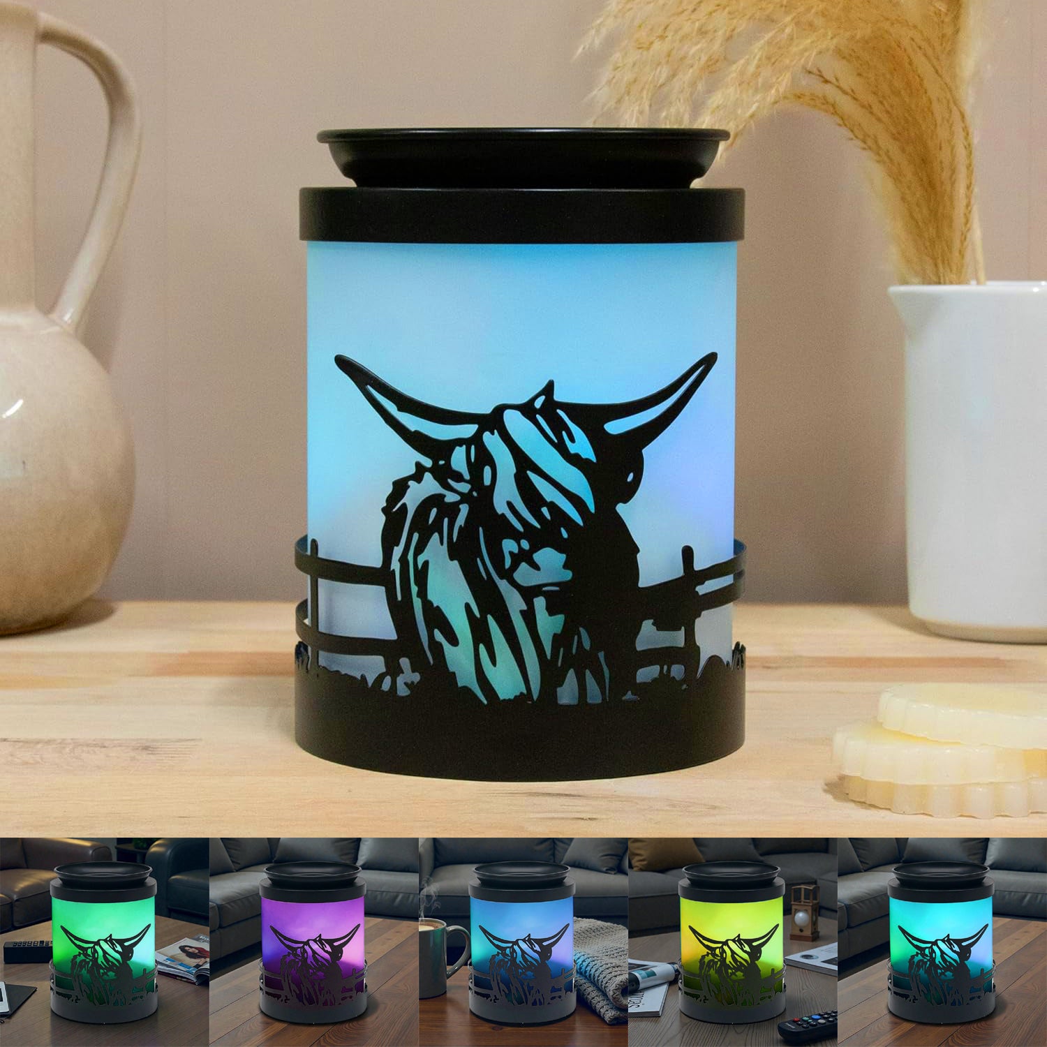 Highland Cow Wax Melt Warmer Oil Burner Aroma Diffuser Lamp | Colour Changing LED Northern Lights Effect