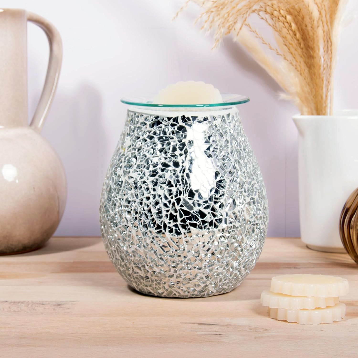 Wax Tart Warmer and Oil Burner Aroma Diffuser plus Scented Wax Melts | Silver Crackle Mosaic Design