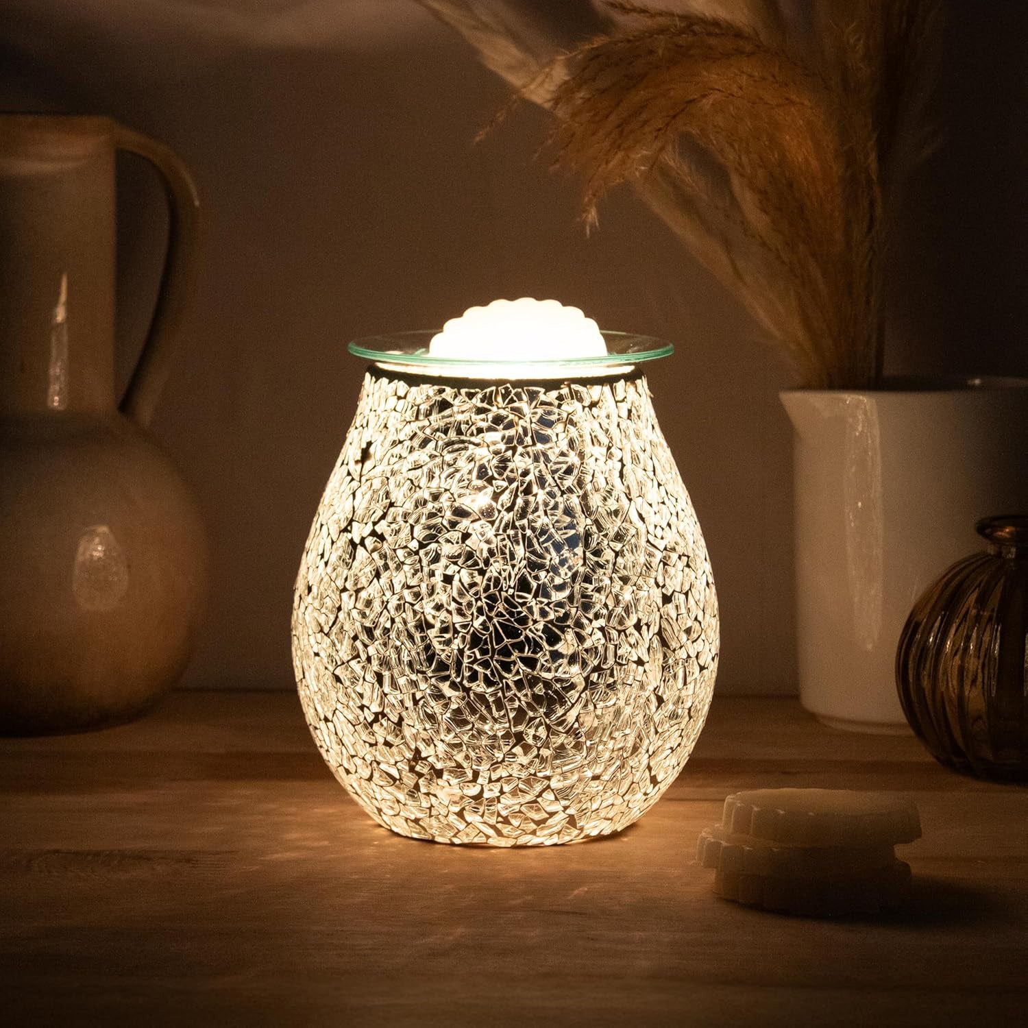 Electric Wax Melt Warmer Oil Burner Aroma Fragrance Diffuser Lamp | Silver Crackle Mosaic